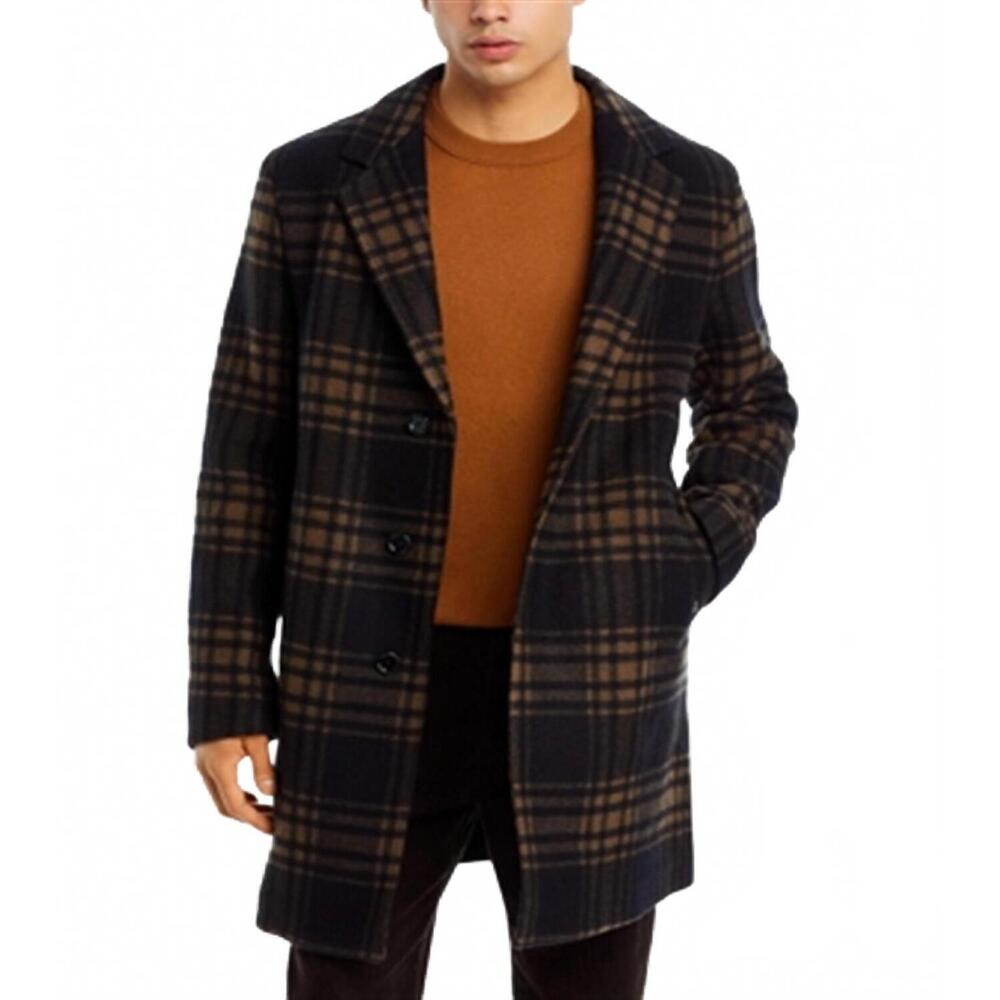NEW BOSS cam check relaxed fit wool coat in black